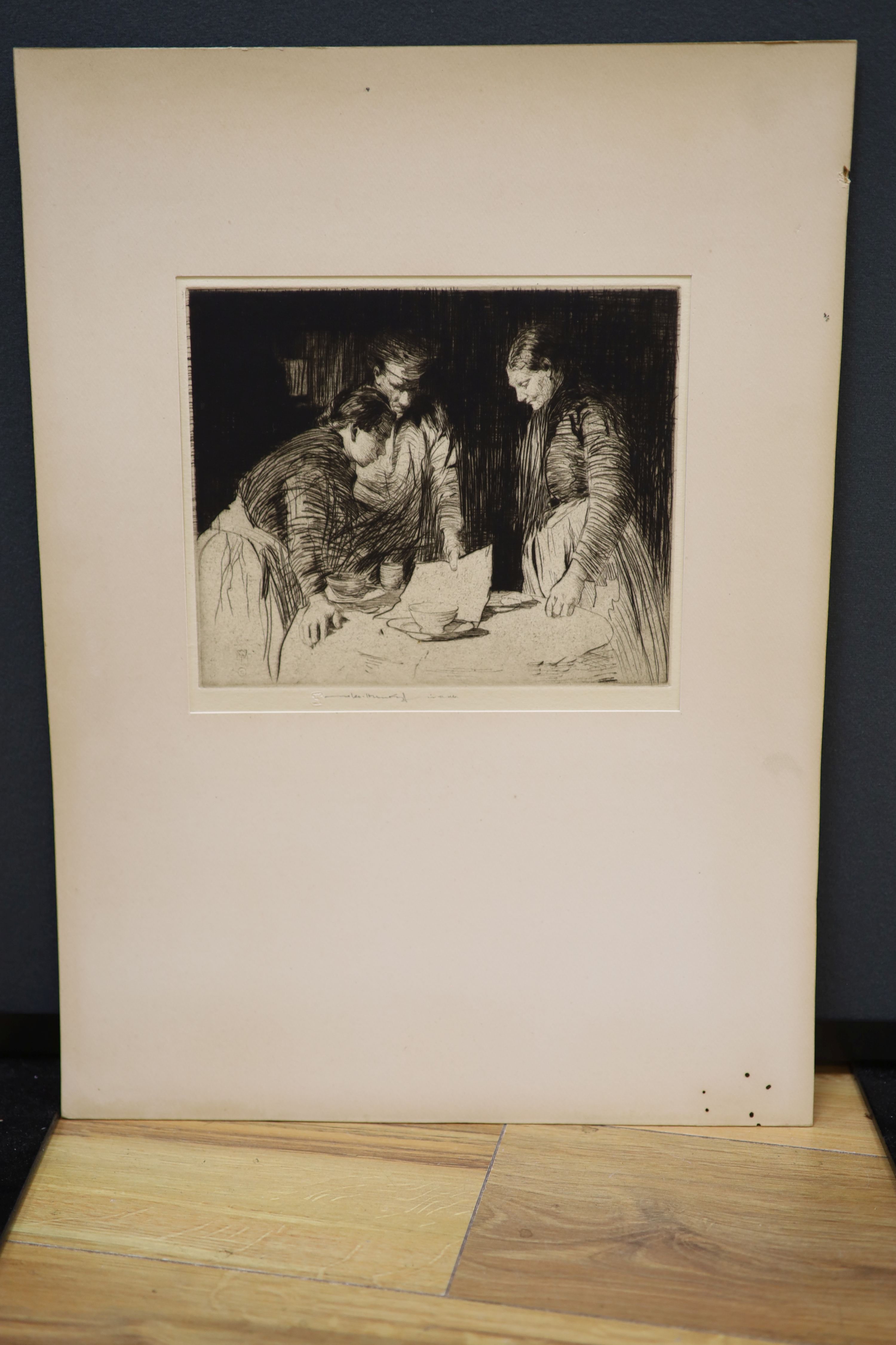 William Lee Hankey, RWS, RI, ROI, RE, NS, (1869-1952), etching, Figures around a table, signed in pencil, 20 x 24cm, unframed